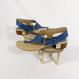 Michael kors gorgeous blue leather and gold logo heeled sandals Sz 10. NEW